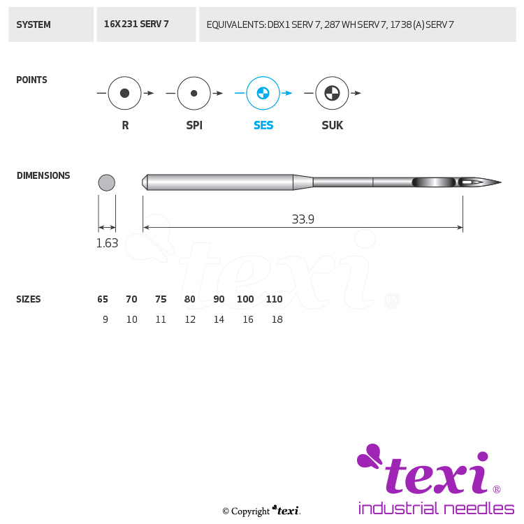 Strojové jehly pro průmyslové šicí stroje TEXI 16X231 SES SERV 7 110