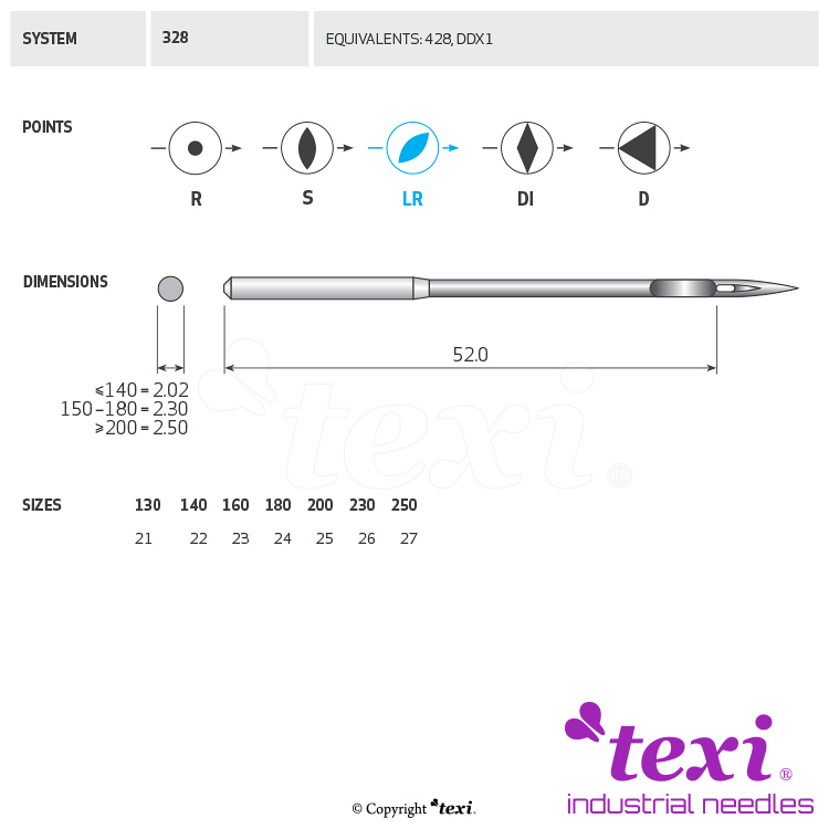 Strojové jehly pro průmyslové šicí stroje TEXI 328 LR 160