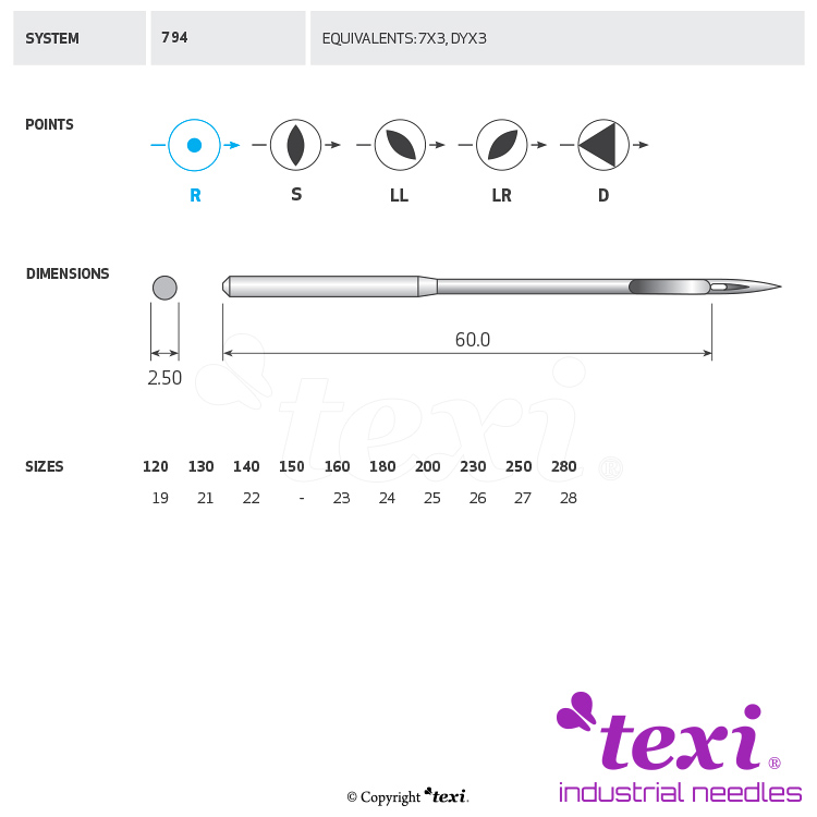 Strojové jehly pro průmyslové šicí stroje TEXI 794 230
