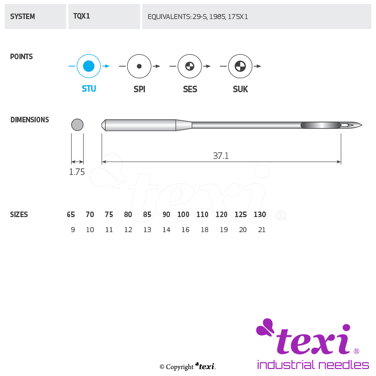 Strojové jehly pro průmyslové šicí stroje TEXI TQX1 090